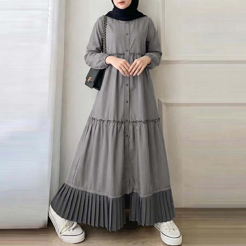 ZANZEA Women Casual Round Neck Loose Long Sleeve Stripe Long Dress 2XL