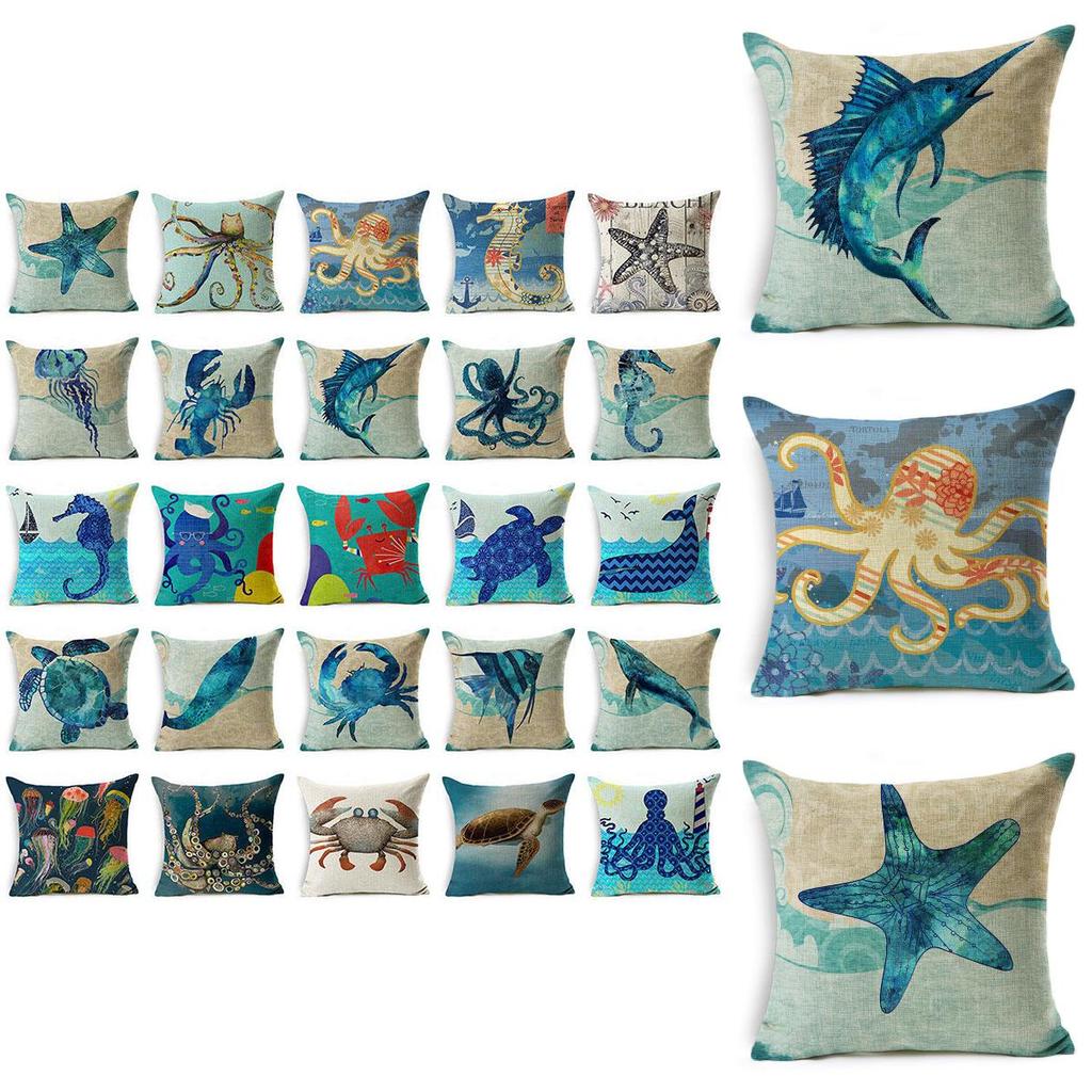 Exquisite 18" Blue Sea Animal Cotton Linen Cushion Cover For Stylish Living Spaces