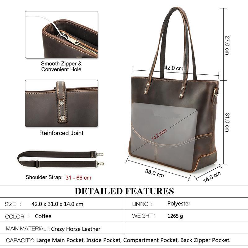 CONTACT'S Genuine Leather Tote Bags for Women Men Briefcase Shoulder Messenger Laptop Bags Lady Office Female Bags Handbags for 14.2 Laptop