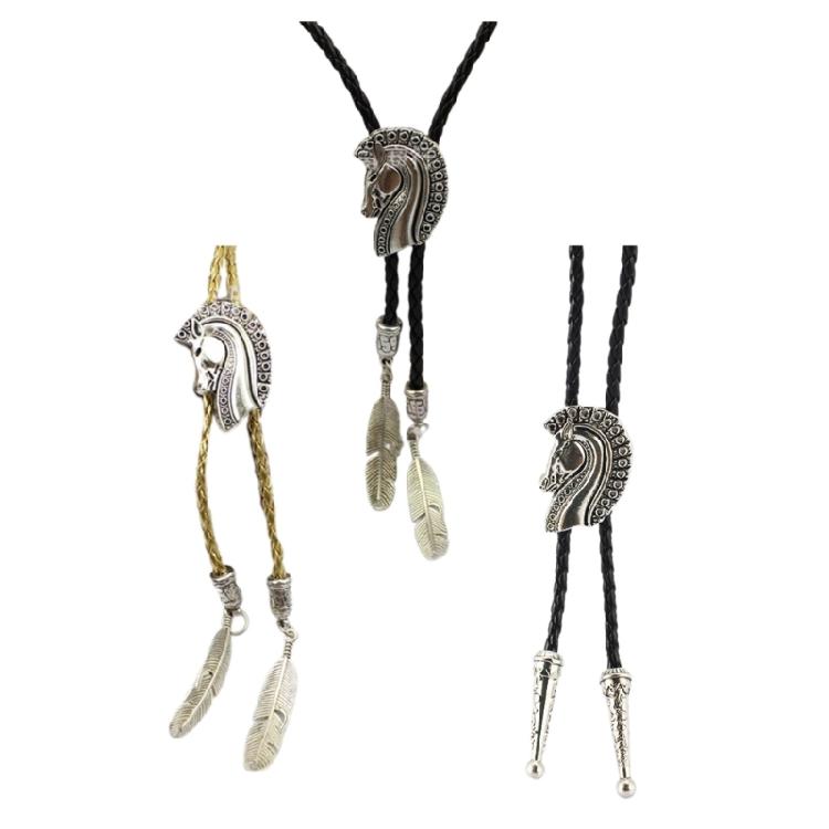 Elegant Black Bolo Tie with Horse Head Pendant Cowboy Necktie Western Tie