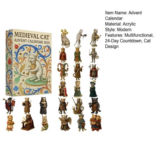 Medieval Cat Advent Calendar 24-Day Countdown Seasonal Advent Calendar Christmas-themed Decoration Kid Room Decor
