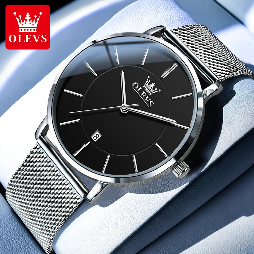OLEVS Ultra Thin 6.5mm Minimalist Fashion Quartz Watch for Men Mesh Steel Strap Auto Date Waterproof Men Wristwatches