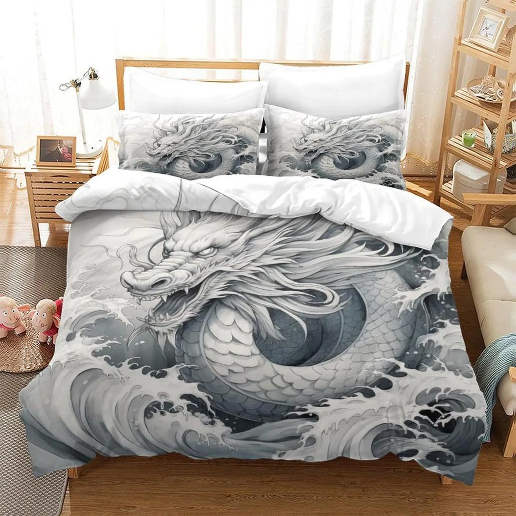 Rot Schwarz Drachendruck Bettbezug Sets Queen Chinesisches Drachenmuster Bettwäsche Set 3 Teile Bettdeckenbezug Sets Schlafzimmerdekor