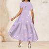 Women Plus Size Round Neck Short Sleeve Dark Purple Halloween Printed A Line Long Dress