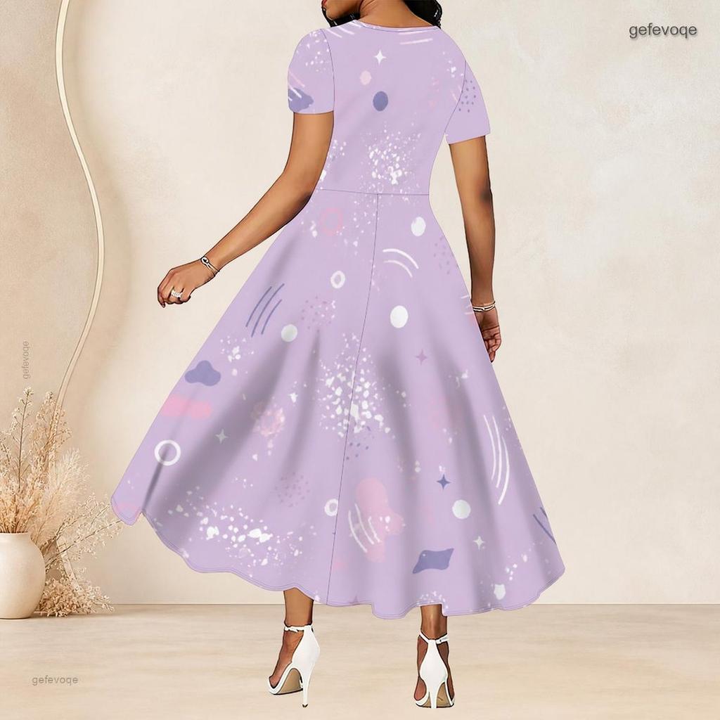 Women Plus Size Round Neck Short Sleeve Dark Purple Halloween Printed A Line Long Dress