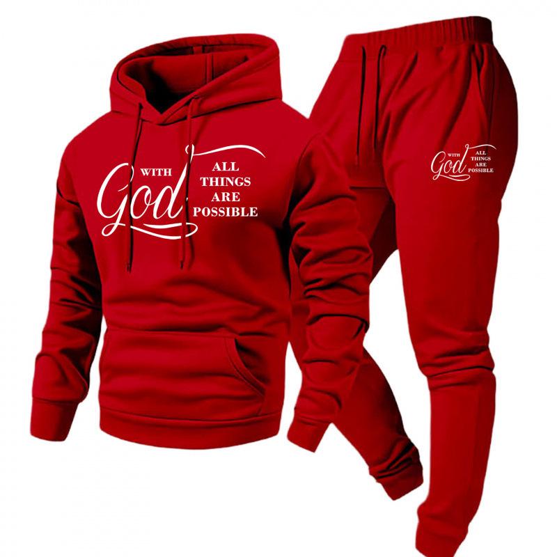 2026 New Style Cross Letter Print Hooded Sweatshirt & Long Pants Men's Y2K Set - European & American Hot Selling