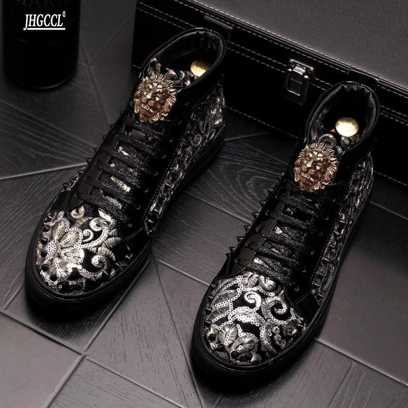 Fashion Men's Fashion Casual Short Ankle Boots Spring and Autumn Rivets Luxury High Top Shoes A7