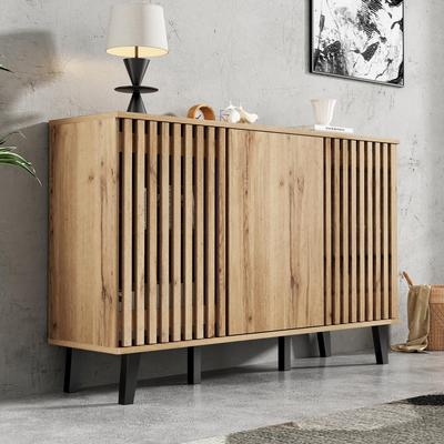 Sideboard, Chest of Drawers with Openwork Cabinet Doors, Storage Cabinet, Shoe Cabinets for Hallway, Entrance, Living Room, Bedroom, Country Style, Wood Color, 150cm