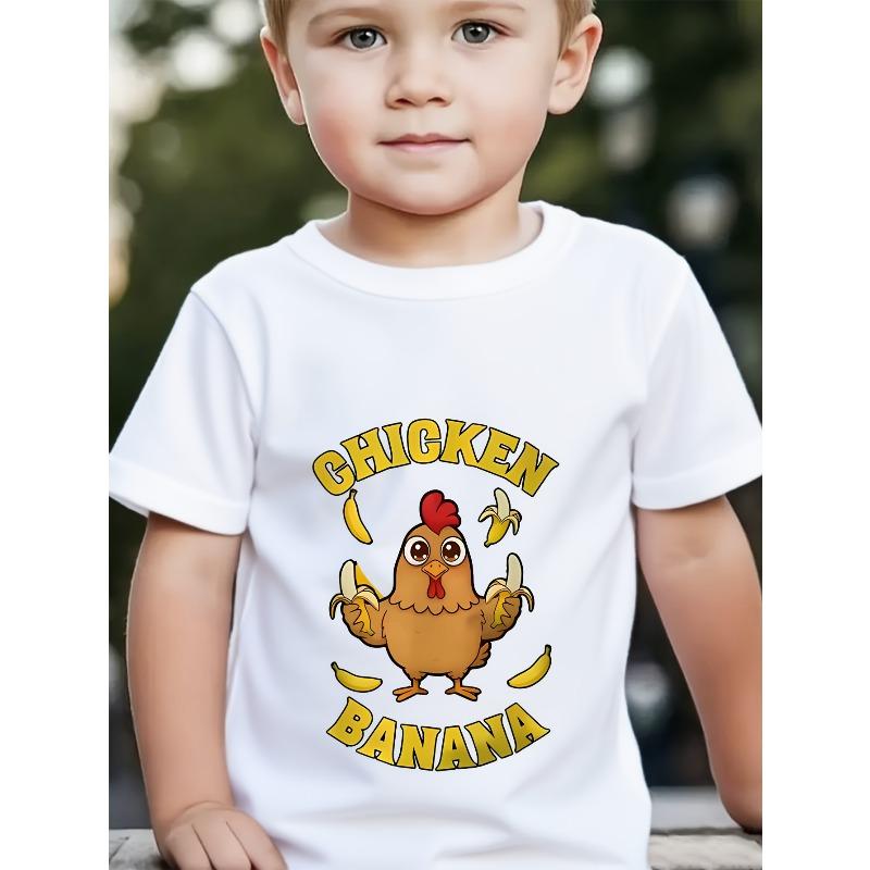 Boys White Crewneck Short Sleeve Tee, Funny Banana Chicken Cartoon Print With  CHICKEN BANANA  Slogan Casual Playful Kids Top 110 белый