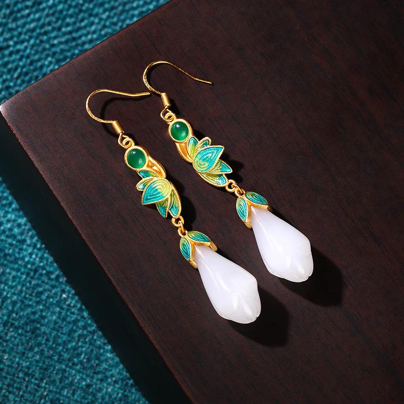 Magnolia Imitation White Jade Enamel Earrings – Retro Chinese Court Style