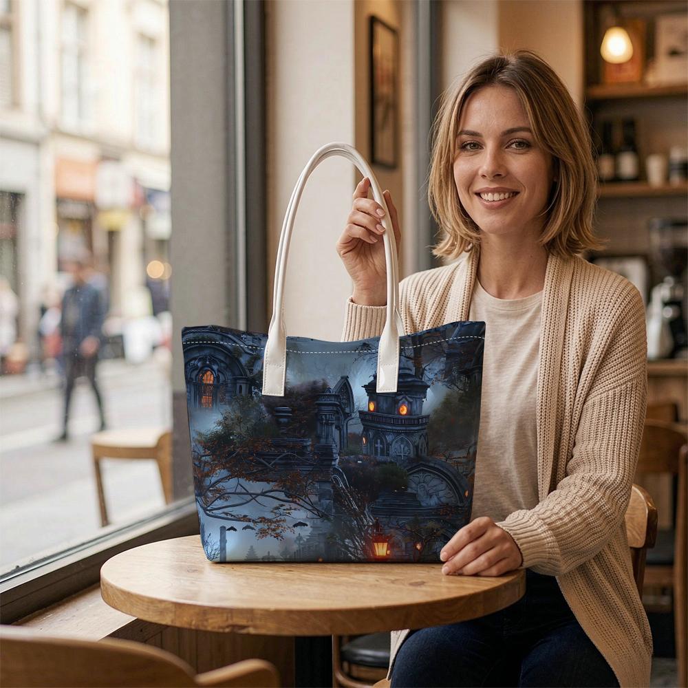 Gothic Dark Castle Printed Shoulder Tote Bag Stylish Casual Outdoor Carry Bag