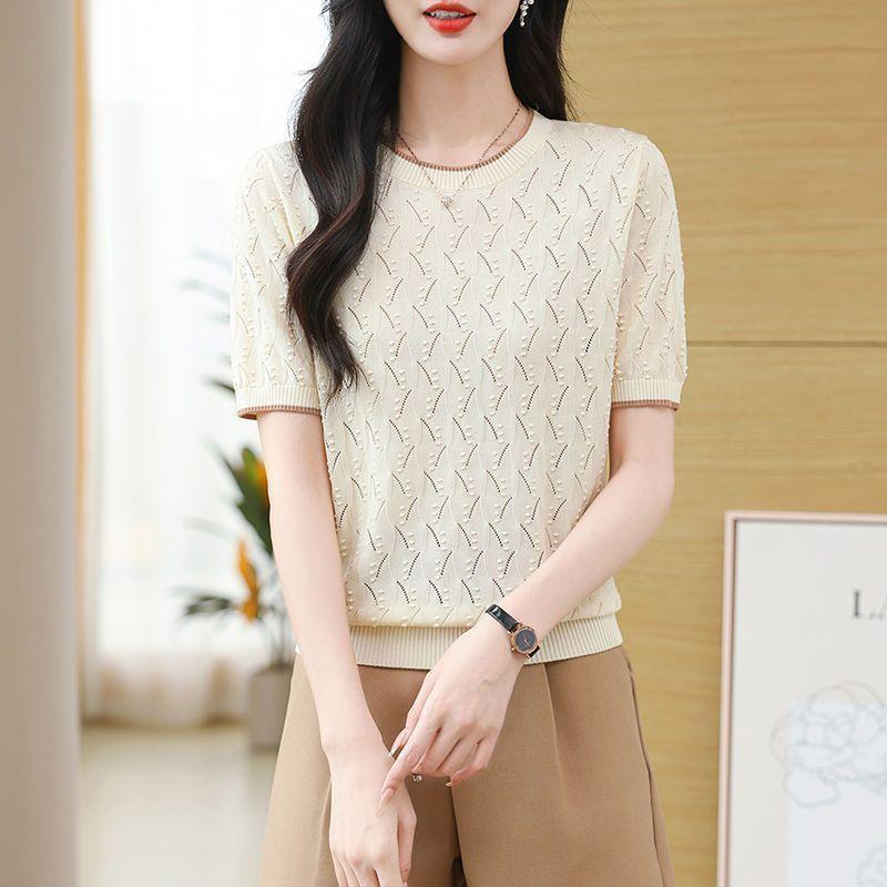 Summer Women's Round Neck Knitted T-shirt Women's Knitted Sweater with Hollow Out Thin Design Slimming Top