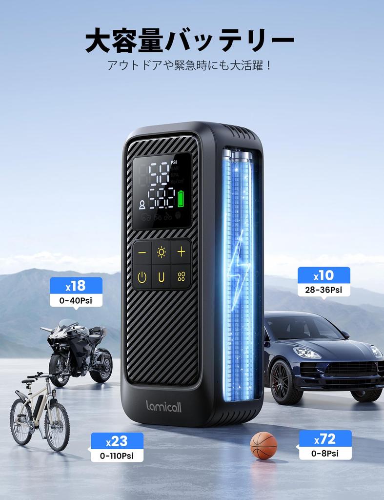 Lamicall Electric Bicycle Car Tire Air Motorcycle Air Compact Automatic Pump with Large LED Auto Low Maximum Pressure of 150 Compatible with French