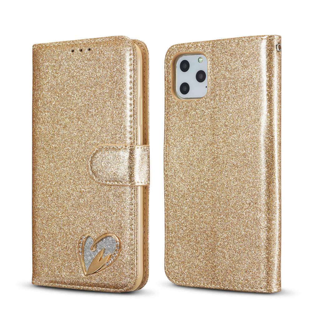 Custodia a Portafoglio Magnetica con Strass Diamante Cuore d'Amore per iPhone 17 16 15 14 13 12 XR XS 11 Pro Max Custodia Flip Pelle Glitter