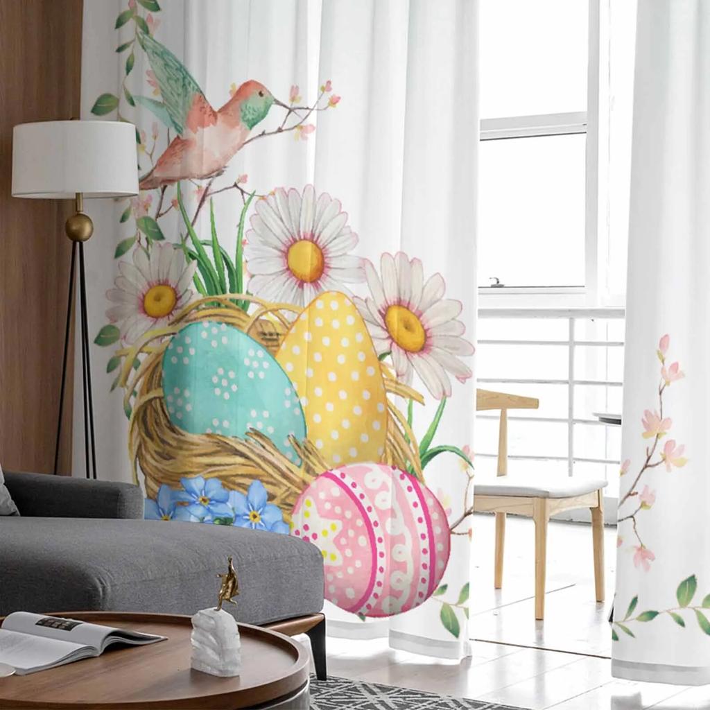 Bird Easter Eggs Plant Leaves Flowers Tulle Voile Curtains for Bedroom Living Room Window Curtain Sheer Curtains Organza Drapes