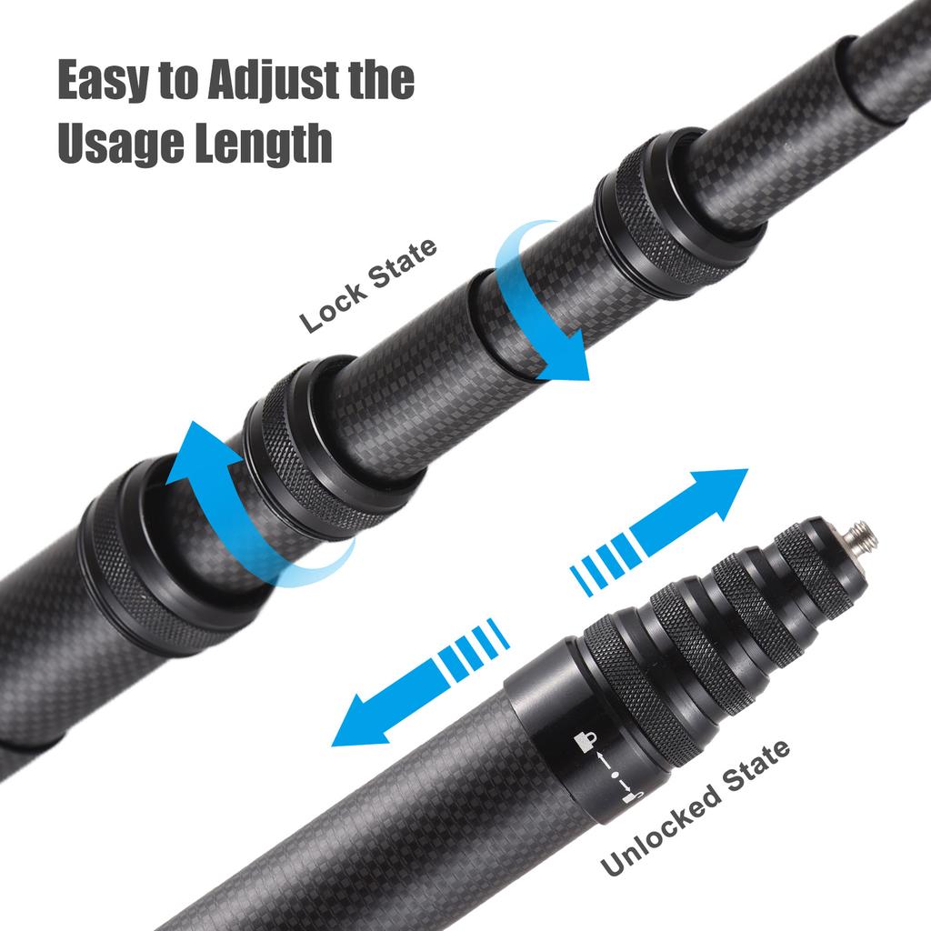 500cm/197in Portable Selfie Stick Carbon Fiber Stand Camera Bracket 1/4 Inch Screw Mount Compatible