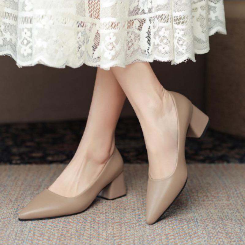 Spring Thick Heels Basic Pumps for Women Solid Color Pointed Toe High Heel Office Shoe Woman Shallow Mouth Plus Size Pumps 35-41