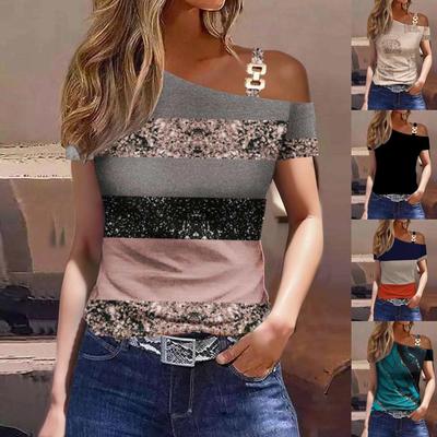 Camiseta Simples de Manga Curta Feminina 2023 Mais Vendida com Estampa de Fivela Metálica