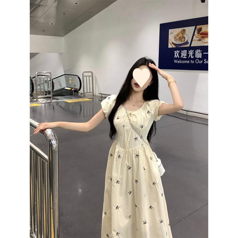 Coffee break bubble sleeve dress women's summer new small waist temperament floral dress