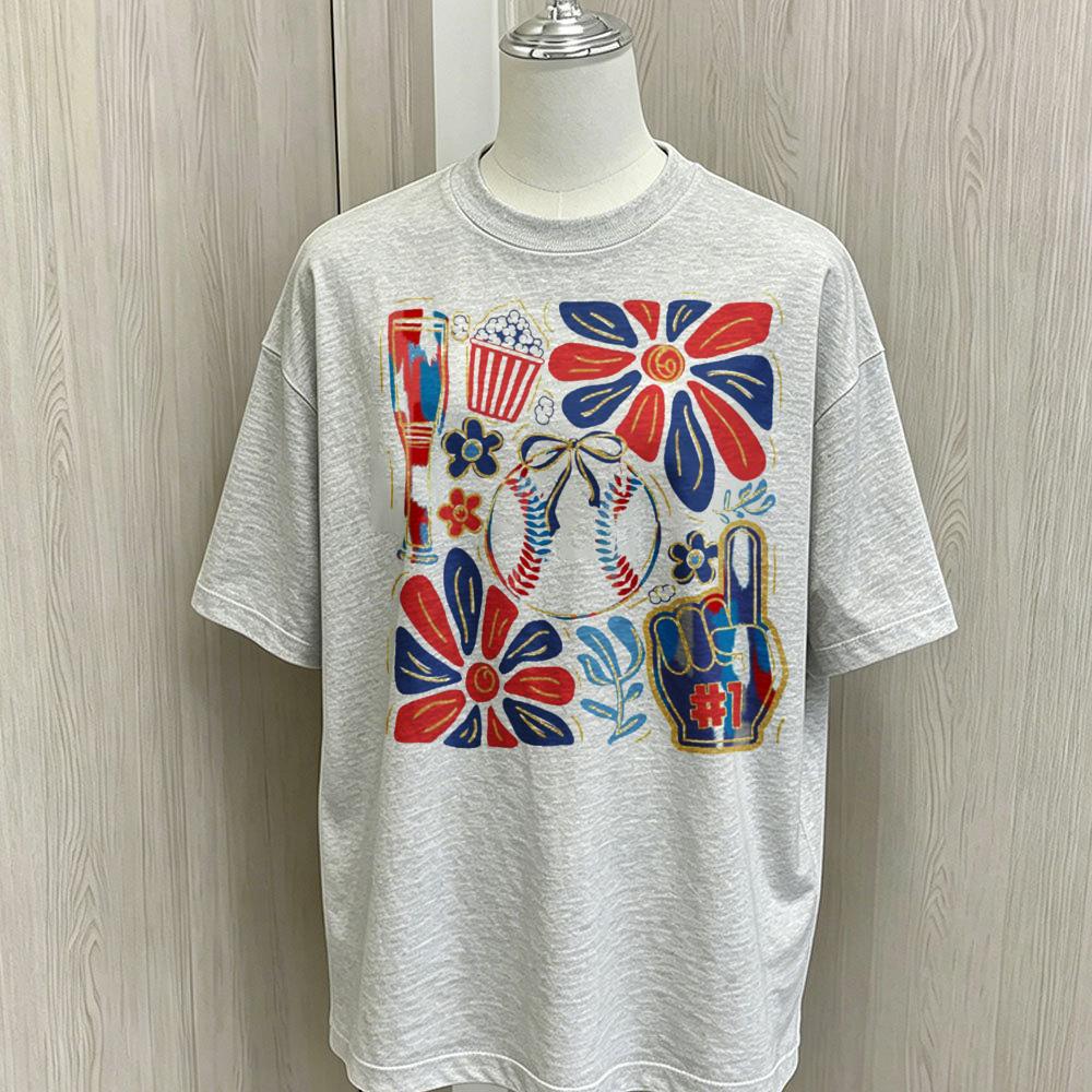 Baseball Game Day Floral Collage Graphic T Shirt Unisex Oversized Loose Cotton Short Sleeve Tee Retro Sport Flower Print
