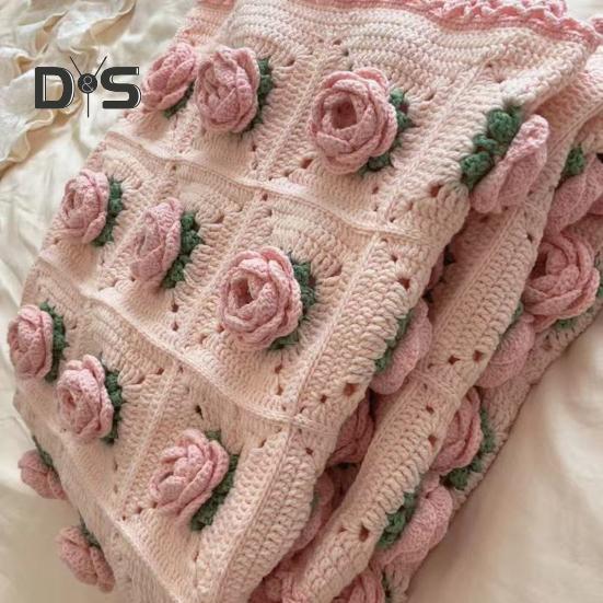 DIY Crochet Rose Flower Blanket Kit Handmade Yarn Knitting Floral Throw Blanket Mother's Day Valentine’s Day Birthday Women Beginner Gift