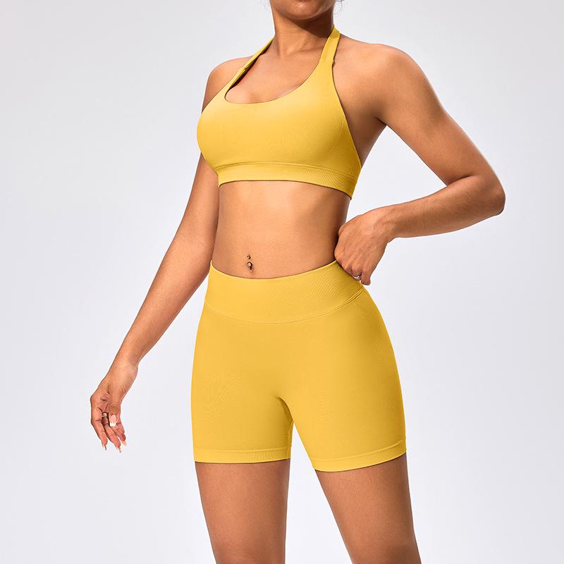 European & American Halter Neck Backless Sports Bra and High-Elastic Seamless Fitness Leggings Yoga Set for Women