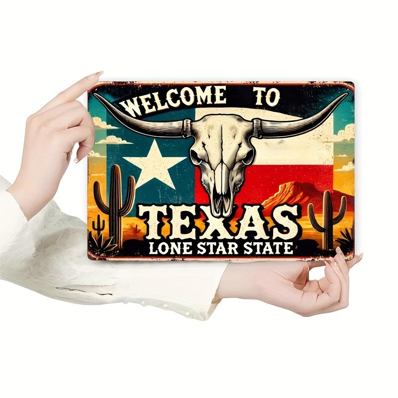 Welcome To Texas Lone Star State Retro Metal Tin Sign Western Desert Cactus  Longhorn Skull D Flat Printing Vintage Wall Deco 20X30CM