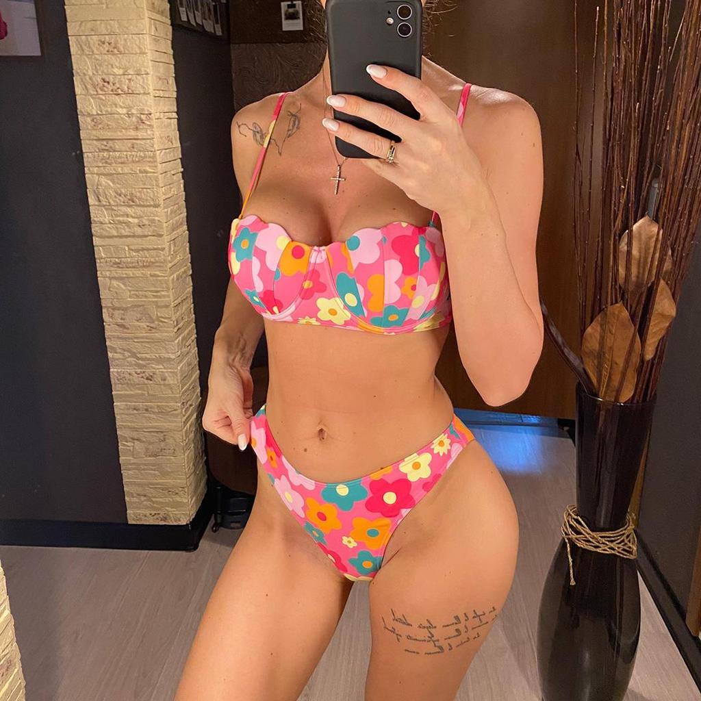 Květiny Bikiny Push Up Plavky Dámské Plavky Dámské Třídílné bikiny Souprava Podprsenka Košíčky Plavky Plavky