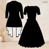Women Plus Size Red Black Printed Two Piece Set Square Neck Tie Waist Flared Dress And 3 4 Sleeve Cardigan