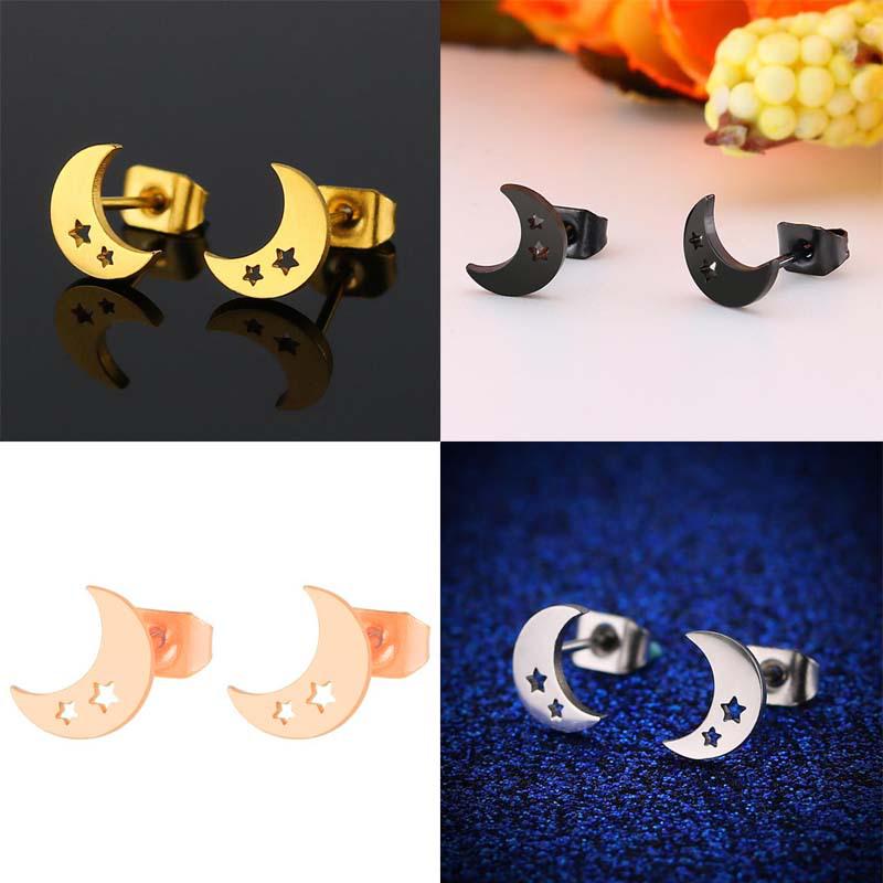 Korean Minimalist Hollow Crescent Moon Earrings - Stainless Steel Studs