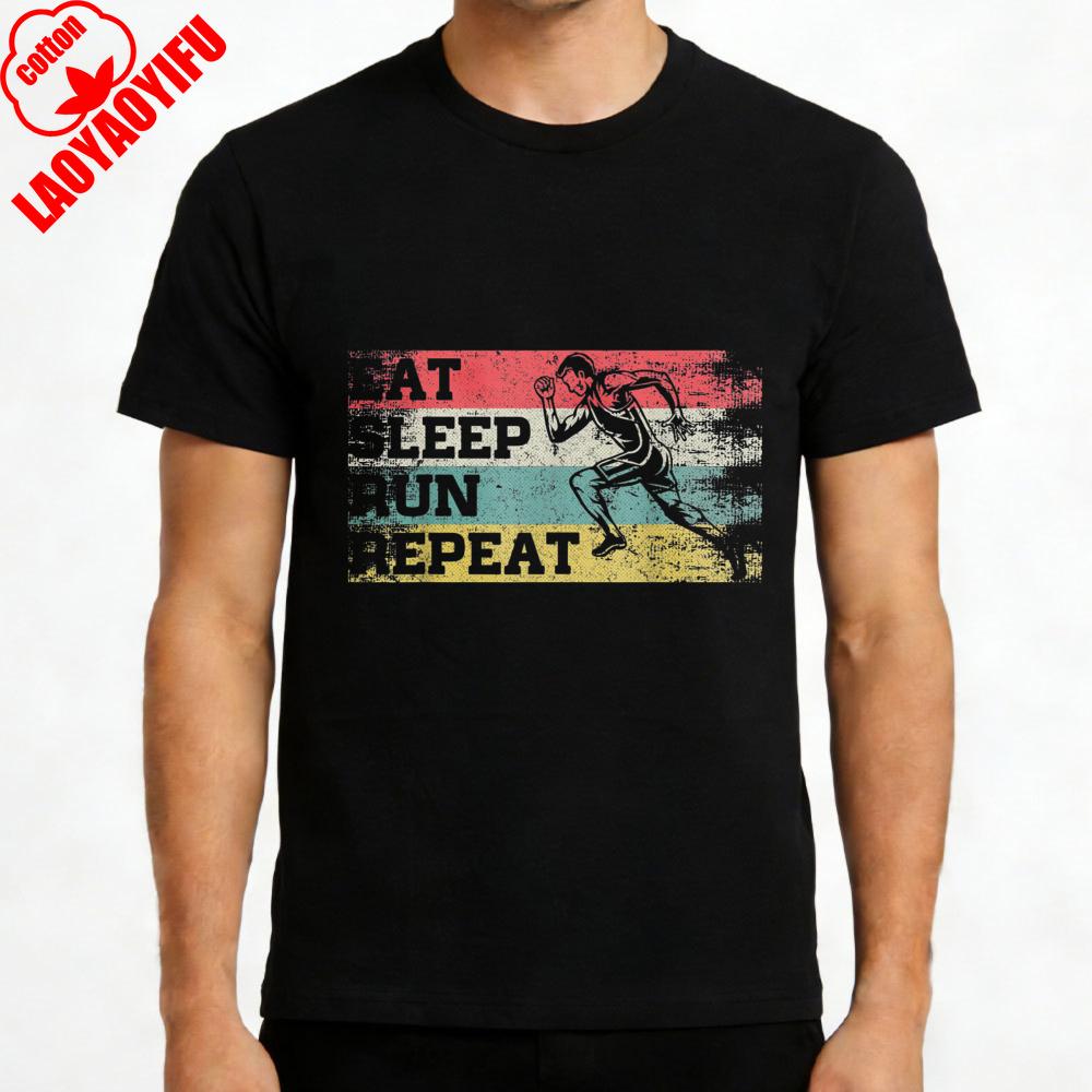 Eat Sleep Run Repeat Vintage Running Man Graphic Men TShirt Cotton Casual Clothes Sport Gift for Fitness Enthusiasts Apparel