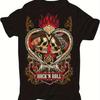Unisexs 50s60s Rock And Roll TShirt Skull Guitar Print Rockabella Style Golden And Black Vintage Music TShirt Suitable Concerts