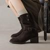 Krazing Pot Cow Suede Nubuck Winter Round Toe Modern Boots Med Heels Slip on Metal Rivets Women Mid-calf Boots