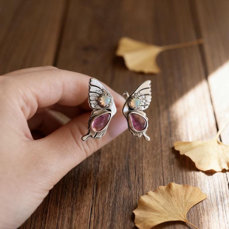 Vintage Silver Color Flower Butterfly Rings for Women Trendy Round Inlaid with Red Stone Adjustable Party Rings Jewelry