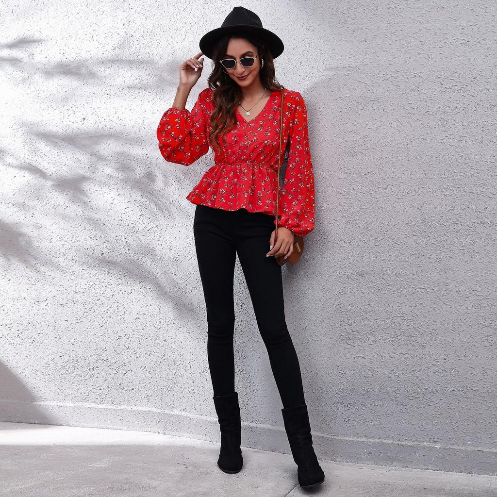 BITCED 19 Floral Checkered Chain Floral Checkerboard Printed Long Sleeve Chiffon Shirt for Women Spring and Autumn