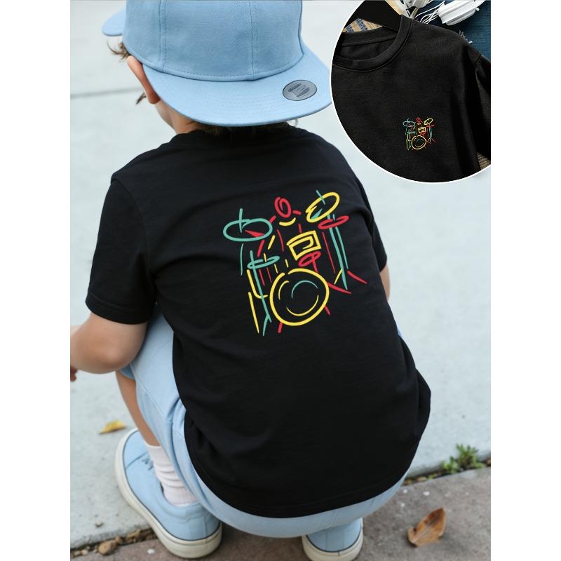 European sizes Boys' Front And Back Print T-Shirt, Fashionable And Comfortable Spring Summer Top, Colorful Line Drummer Instrument Pattern