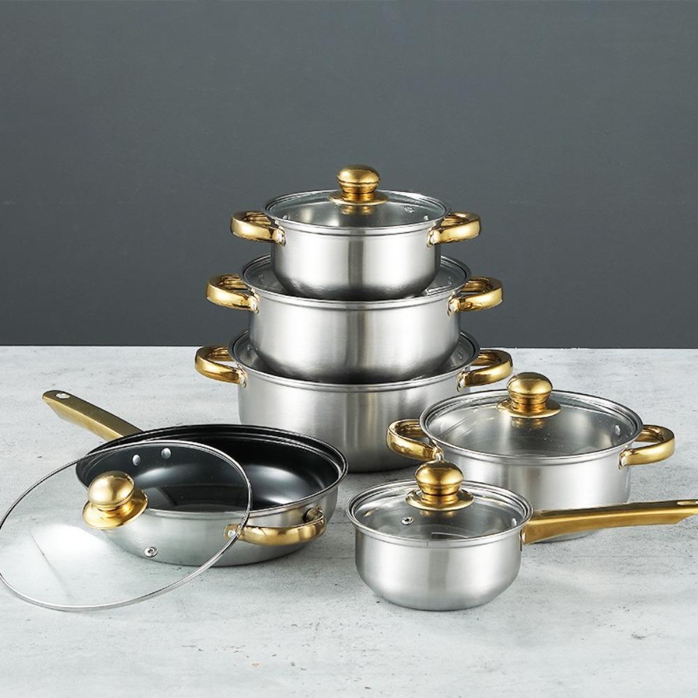 

12pcs Stainless Steel Frying Pan Soup Pot Kettle NonStick Kitchen Utensils Set Housewarming Gift Soup Pot Set