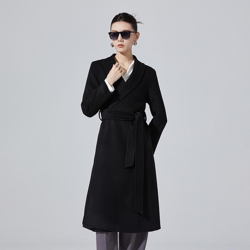 Women's Mid-Length Double-Sided Cashmere Coat - Slim Fit Korean Style Belted Trench, 100% Pure Wool for Autumn and Winter
