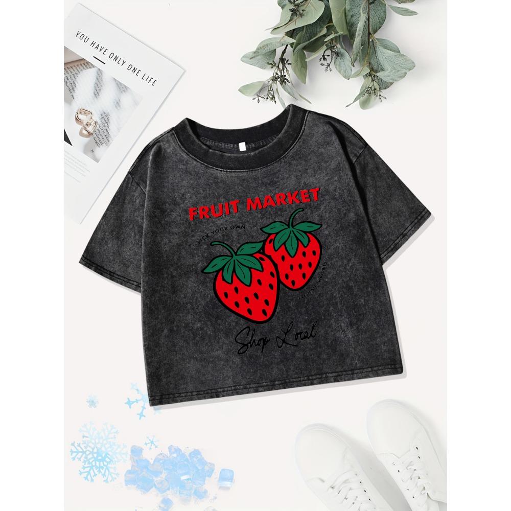 Sexy Cotton Crop Tops Womens Fruit Strawberry Printing Washed T-Shirts O-Neck Regular Fit Streetwear Y2K Womans Clothes