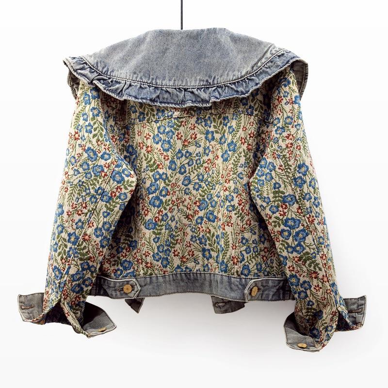 Spring Ruffled Baby Collar Age-reducing Denim Jacket for Women Short Jacquard Versatile Long-sleeved Top