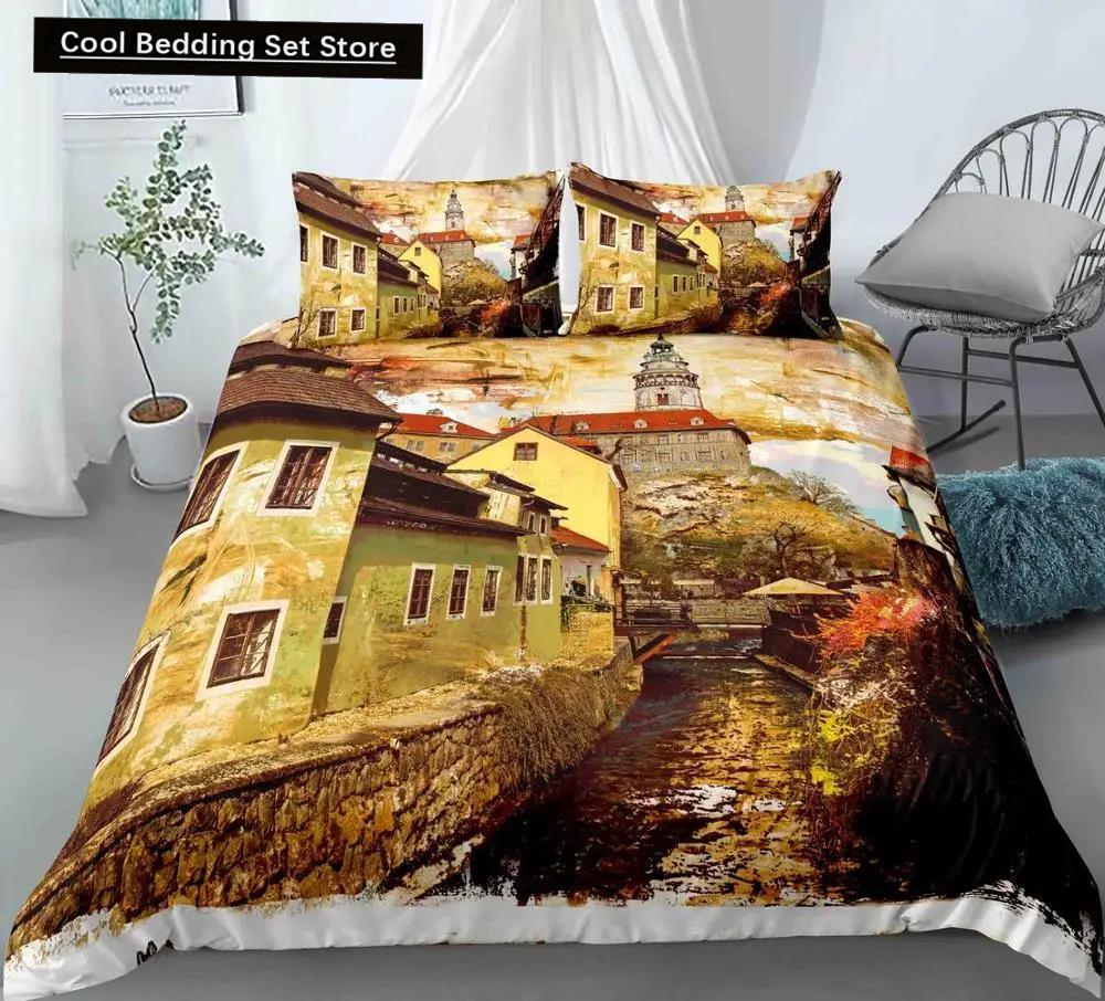Comforter Oil Painting Landscape King Queen Natural Scenery Bedding Set Teen Adult Floral Ocean Building Polyester