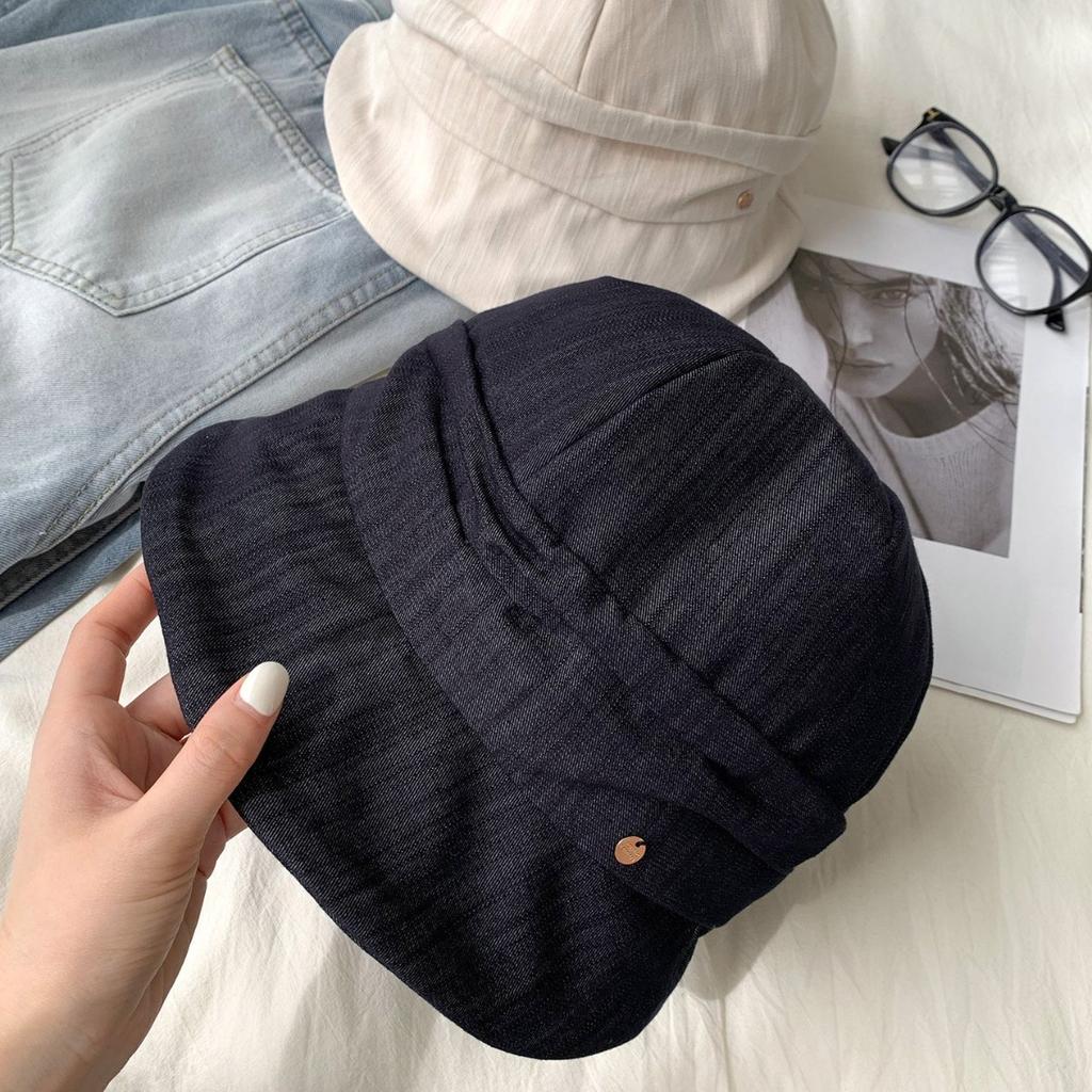 Retro pleated denim bucket hat women's spring and summer thin versatile sunshade basin hat big head circumference showing face small bucket hat