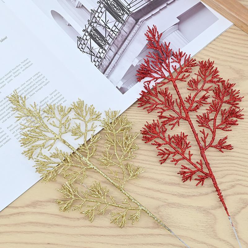 Christmas simulation gold powder pine branch simulation flower green plant glitter powder colorful cypress leaf gold powder branch accessories