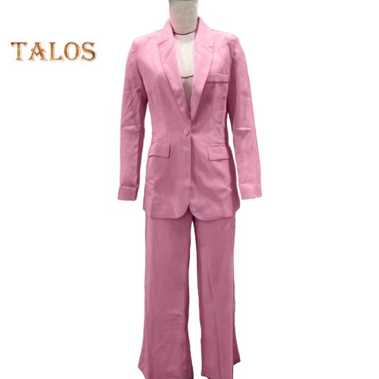 2Pcs/Set Women Office Outfit Lapel Long Sleeve Single Button Suit Coat High Waist Long Pants Set Business Workwear