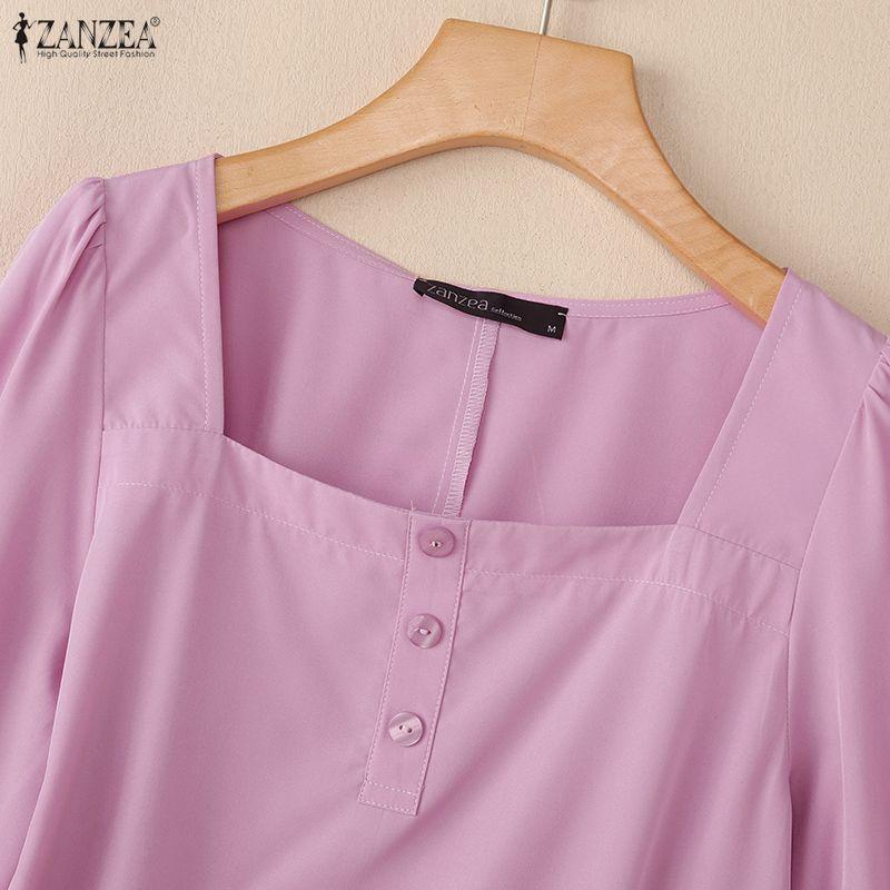 ZANZEA Women Square Collar Solid Color Casual 3/4 Sleeve Blouse