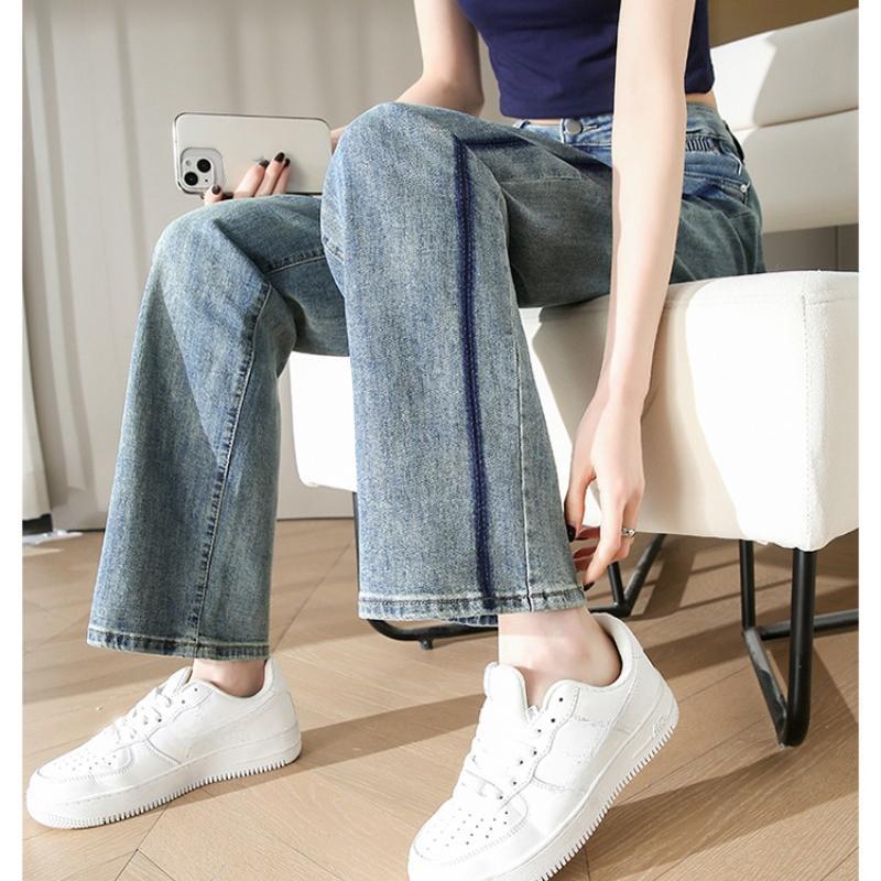 Fashion Straight Leg Retro Blue Loose Jeans for Women Slim Fit High Waist Wide Leg Denim Pants Elegant Solid Office Lady Casual Trousers