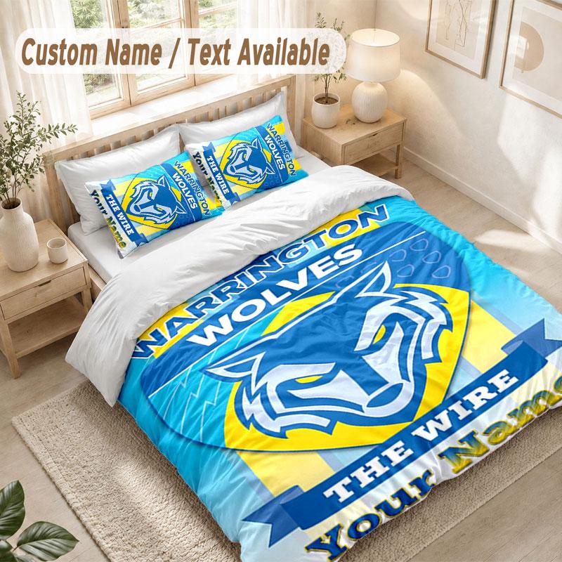 Custom Name Bedding Set 3 PiecesWarrington Wolves FC Print Duvet Cover + 2 Pillowcases Soft Bed Decor