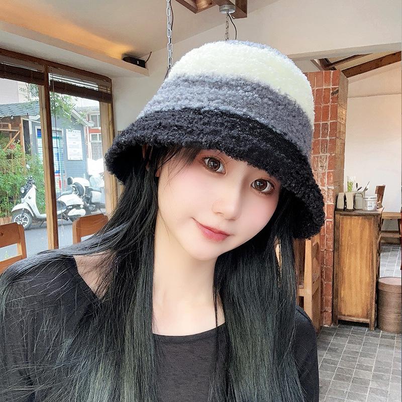 Striped Color blocking Knitted Fisherman Hat Women's Autumn and Winter Korean Version Ins Warm Wool Bucket Hat Showing Face Small Plush Basin Hat