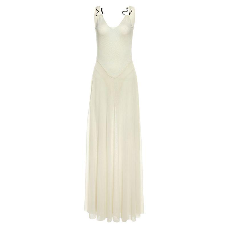 

# Sisjuly# Элегантное и изысканное женское платье в скандинавском стиле из легкой сетки с глубоким V-образным вырезом, с отделкой талии и бретелями-спагетти, длинное платье для женщин Apricot color S