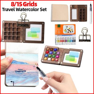8/15 Grid Portable Sketchbook Palette Mini Wooden Color Palette Box Travel Watercolor Set For Artists Students Drawing Tools